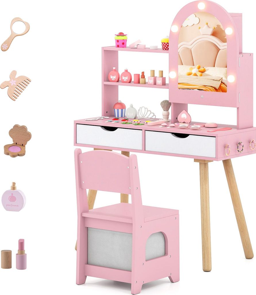 A pink wooden children's vanity set with a mirror, chair, and various toy makeup accessories.