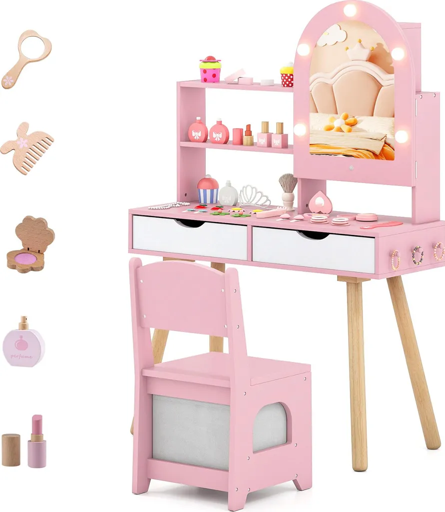 Coiffeuse en Bois pour Fille avec Miroir Lumineux LED Rose 3 Ans+
