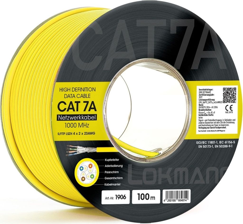 Lokmann Patch CAT 7A Simplex Netzwerkkabel 100m (1000 MHz, S/FTP, LSZH, Kupfer, AWG 23, Gelb)