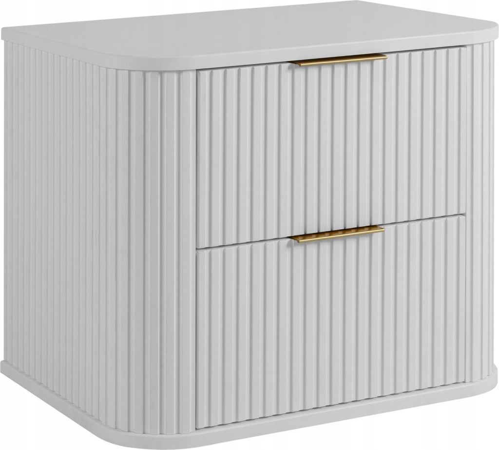 A white bathroom cabinet with two drawers and gold handles, shown against a white background.