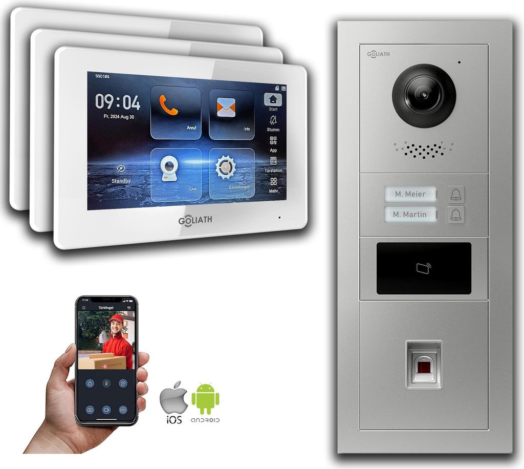 Goliath 2-Draht BUS Video Türklingel: 2 Fam. 3 Monitore, Fingerprint, RFID, Silber : 7 Zoll in Weiß : Unterputzdose Monitor Auswahl: 7 Zoll in We...