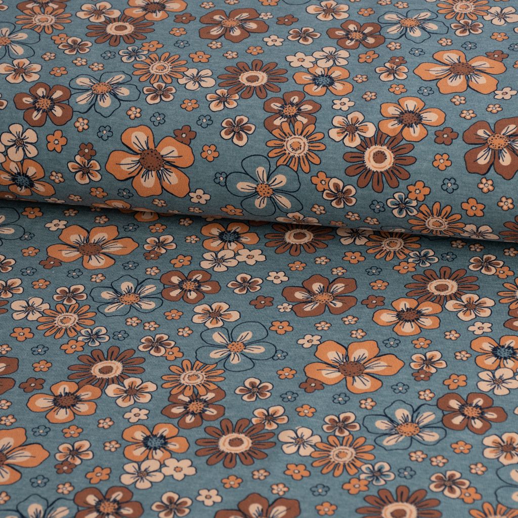 Jerseystoff Meterware Blumen Melange Flowers blau meliert 1,48m