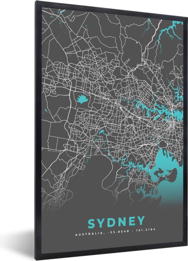 MuchoWow Gerahmtes Poster Sydney - Stadtplan - Blau - Karte 60x90 cm - Poster mit Schwarzem Bilderrahmen Wandposter Rahmen Foto Bilder - Kunst