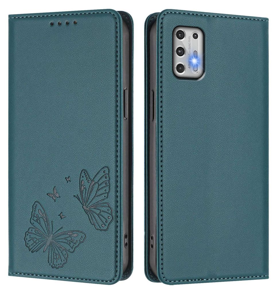 Lederhülle für Motorola Moto G Stylus 2021 4G, Schmetterling Prägung Leder Brieftasche Schutzhülle mit Ständer Grün