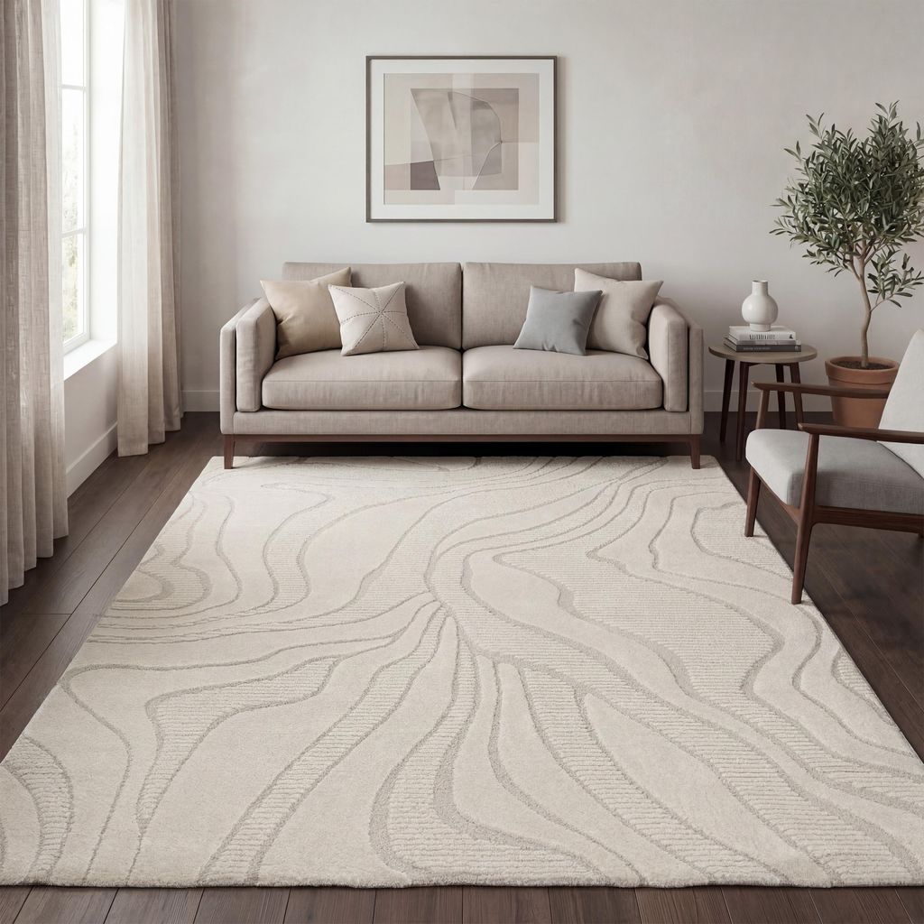 Teppich Wohnzimmer Kurzflor Skandi Japandi Boho Abstraktes Produktbild 
