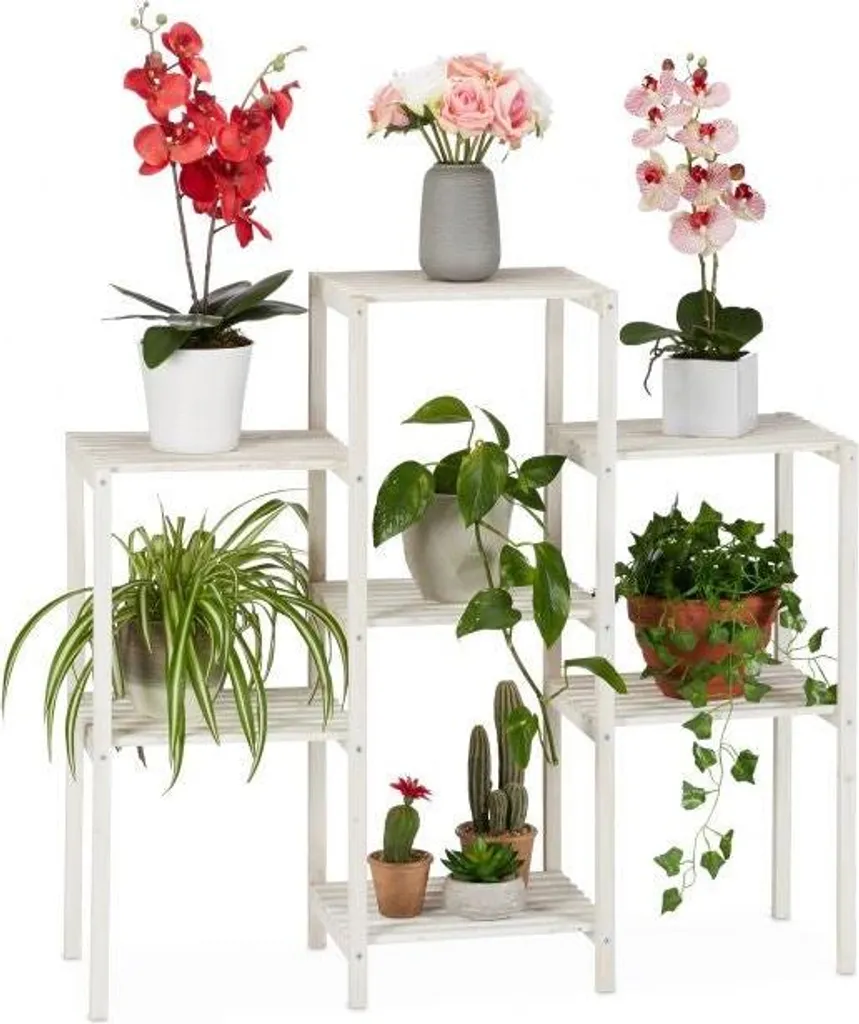 Support à fleurs en bois blanc stable : ne cachez plus vos plantes au sol