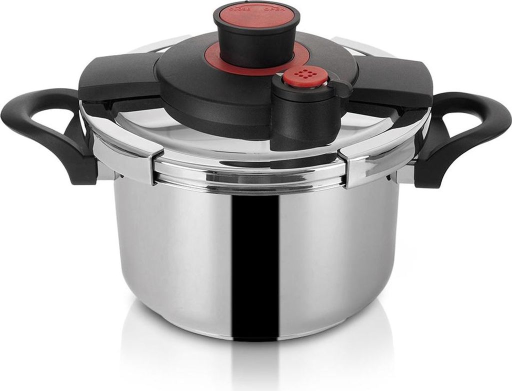 A studio shot of a pressure cooker on a white background.