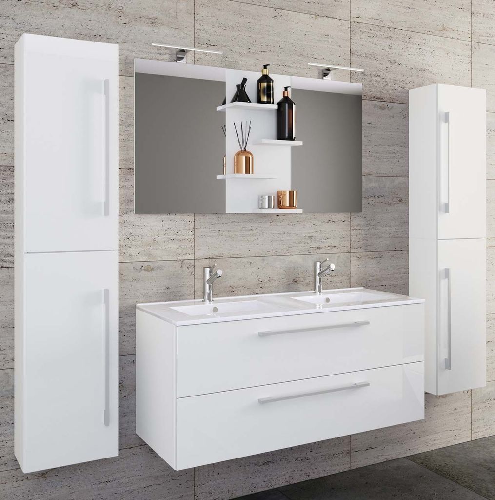 VCM 5-tlg. Doppel Waschplatz | 2x Waschtisch | Badmöbel Set mit Unterschrank, Waschbecken, 2x Hochschrank und Spiegel | Doppelwaschbecken | Komple...