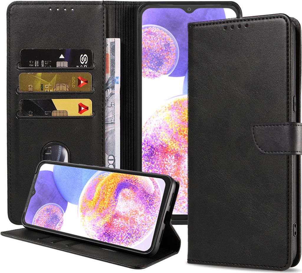 Passend für Samsung Galaxy A23 Handytasche Kunstleder mit magnetischer Lippe und Kartenhalter Buchhülle mit Klappe - Schwarz - Smartphonics