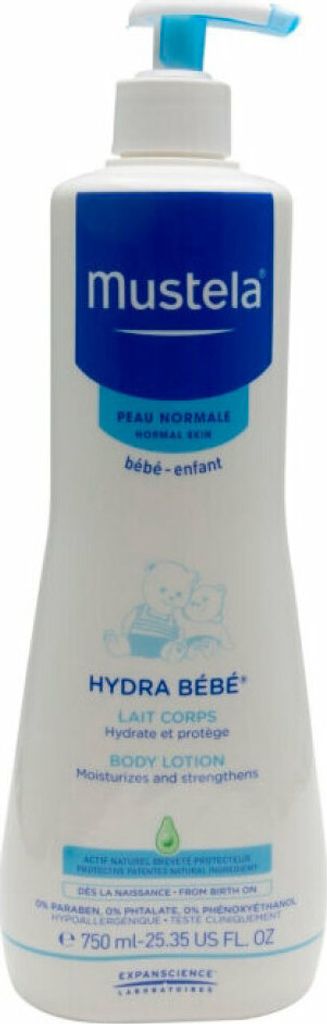 A white pump bottle of Mustela Hydra Bebe Body Lotion against a white background.