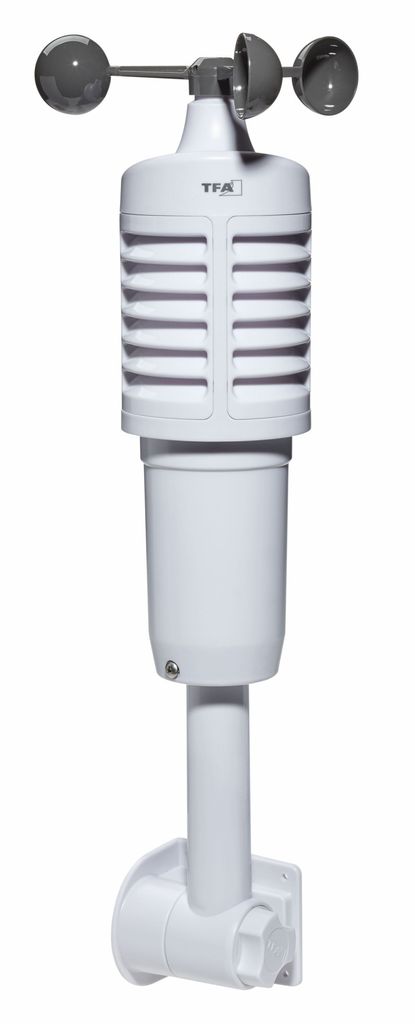 A white weather sensor with gray anemometer cups.