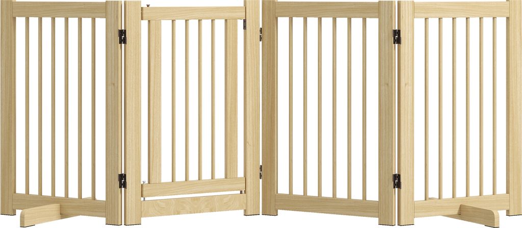 PawHut Absperrgitter Hund 4-teilig, 204 x 75 cm Faltbar Türschutzgitter mit Tür, Freistehend Hundegitter mit 2 Stützfüßen, Treppengitter aus H...