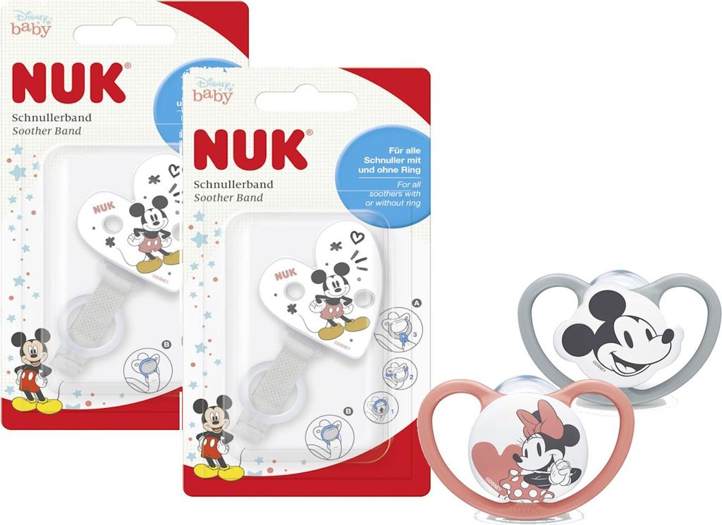 NUK Space Schnuller Mickey Gr.1 + 2 Saugerbänder