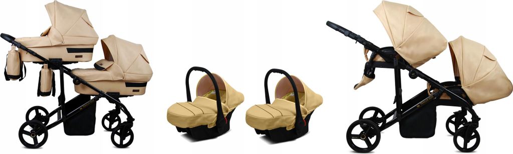 BabyLux DUO | 3in1 Kinderwagen Set | Beige | Geschwisterwagen Zwillingskinderwagen | Kinderwagenset | Buggy + Babywanne + Autositz / Auto-Babyschale