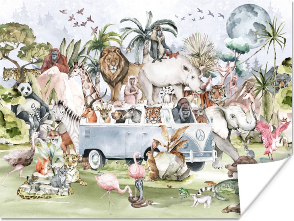 MuchoWow Poster Dschungel - Bus - Tiere - Kinder - Pflanzen 160x120 cm - Foto Plakat