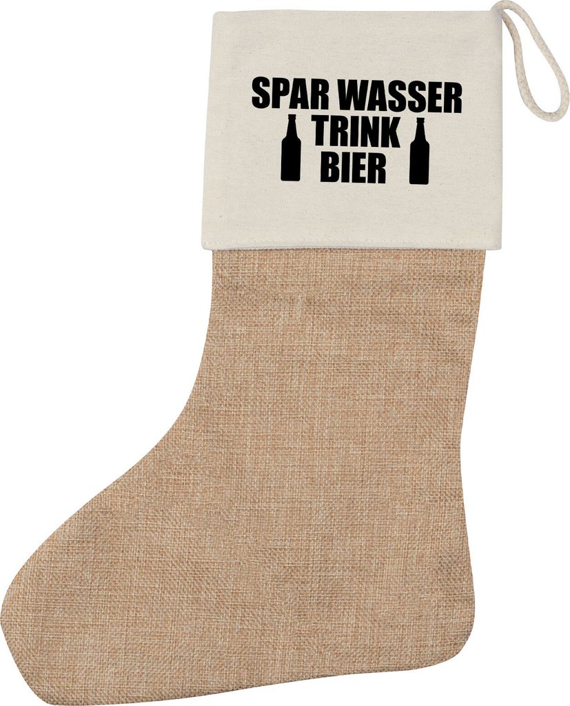 Huuraa Weihnachtsstrumpf Spar Wasser Trink Bier Bierflasche Beige Jute Kaminstrumpf Geschenkidee