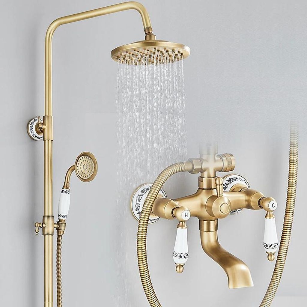 Regendusche - Duschsystem Wandmontage - Messing, gebürstet - Mit Handbrause - Einhebelmischer Warm/Kalt - Anschlussabstand 15 cm, Adapter 13,5–1...