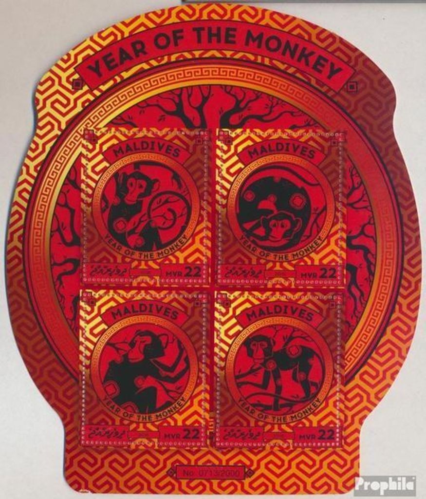 Briefmarken Malediven 2016 Mi 6350-6353 Kleinbogen (kompl. Ausg.) postfrisch Jahr des Affen