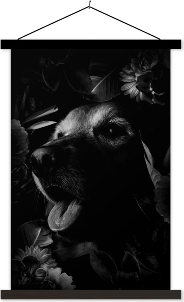 MuchoWow Textilposter Botanischer Hund vor dunklem Hintergrund - schwarz und weiß 40x60 cm mit schwarzem Rahmen - Wanddekorationen