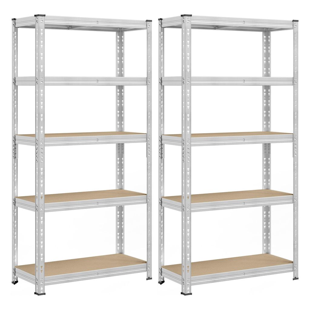 Two identical metal shelving units with wooden shelves are shown side-by-side against a white background.