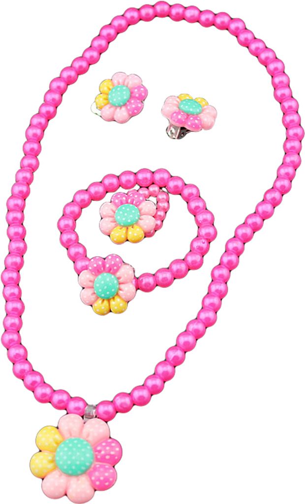 Blume künstliche Perlen Kinder Mädchen Ohrringe Armband Halskette Ring Schmuck-Set-Rosenrot
