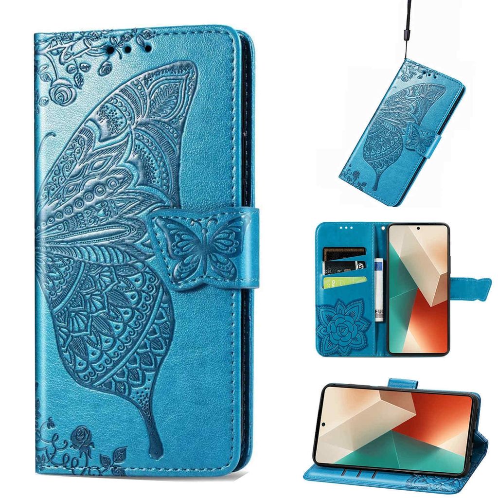 Für Xiaomi Poco M6 Pro 4G / Redmi Note 13 Pro 4G Kunstleder Wallet Handy Tasche Schmetterling Design Schutz Hülle Blau