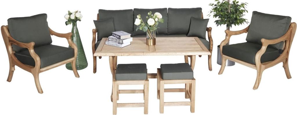 Holz Gartenmöbel Grau Textil Sofagarnitur 3+1+1 Sitzer Esstisch Terrasse Möbel