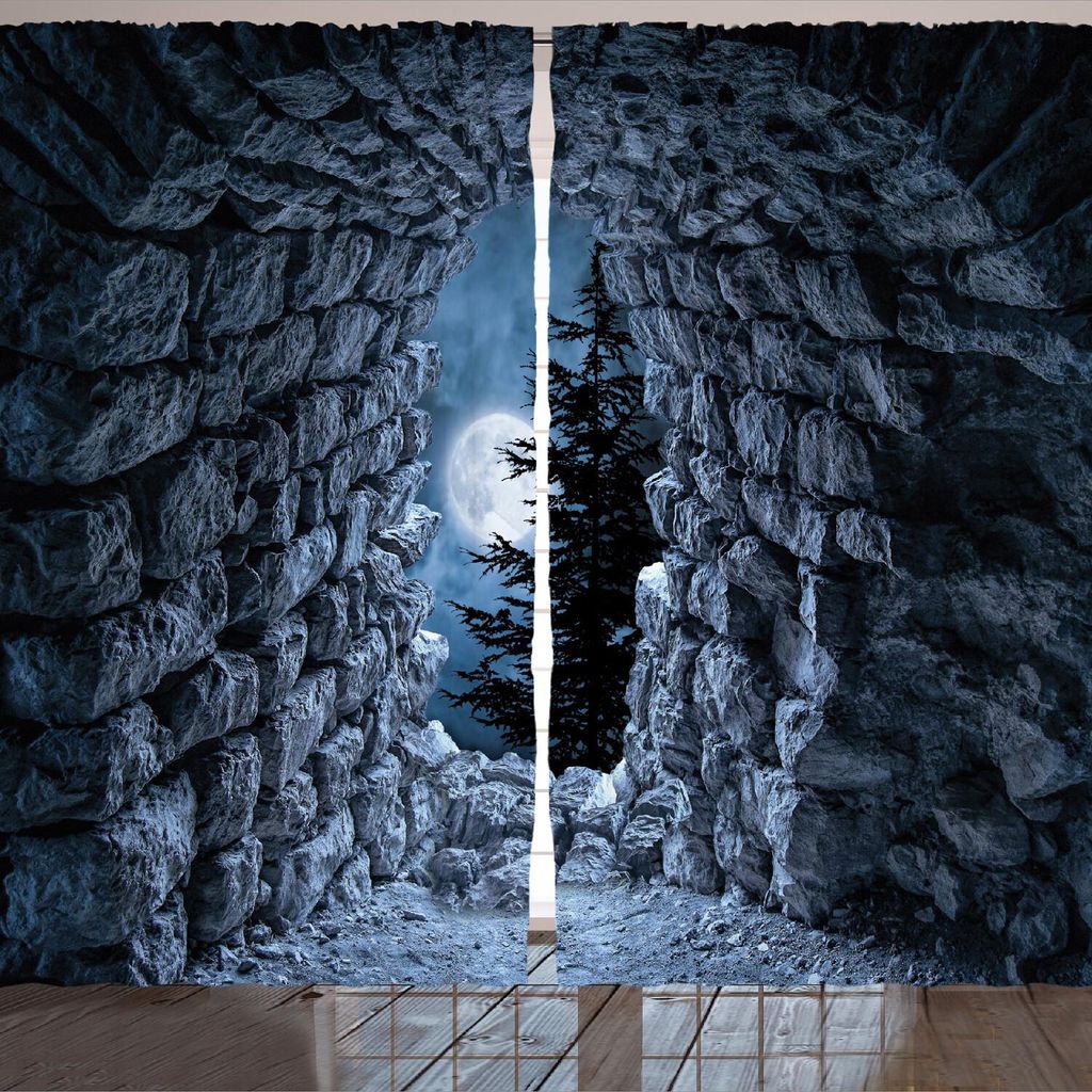 ARANDE gotisch Gardine, Dunkle Höhle Mit Dem Vollmond Bei Nacht Scary Horror Mittelalterlichen Gotik Artwork Druck, 280 x 175 cm, Blau grau