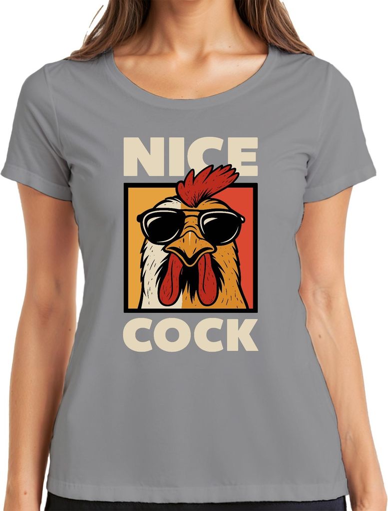 Nice Cock witziger Hahn Sonnenbrille Retro Bauernhof Geschenk Damen T-Shirt, Grau, L