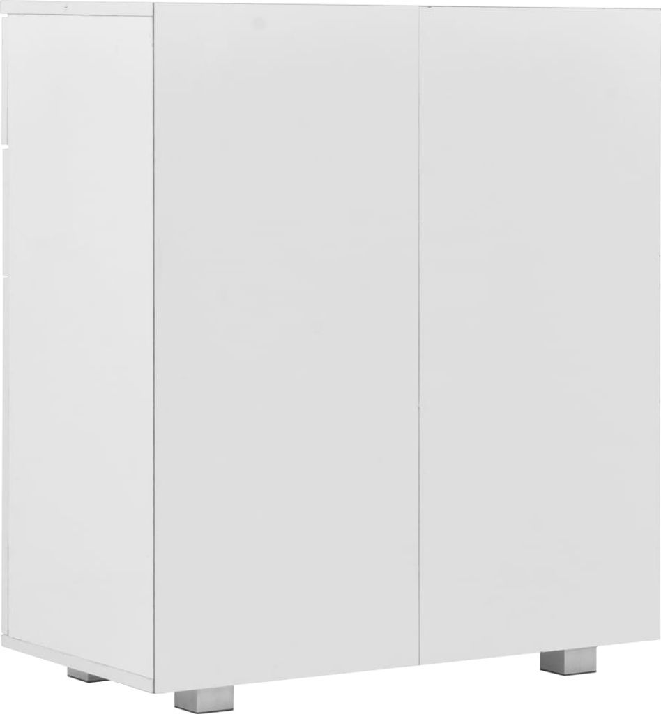 A white sideboard with three doors, shown from a side angle.