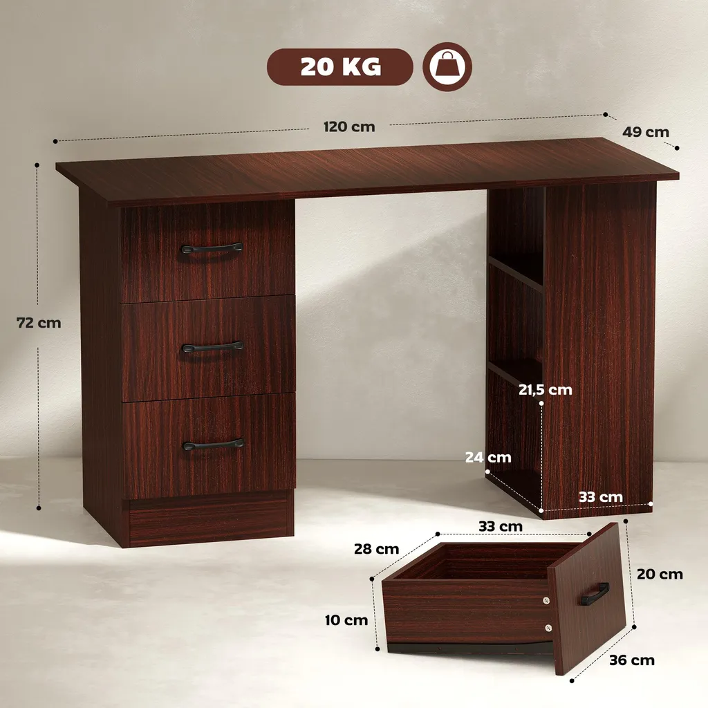 Table informatique réversible avec tiroirs et étagères, bois noyer - 5