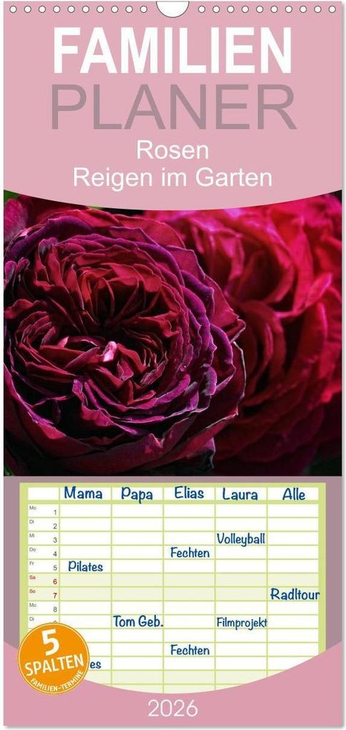 Familienplaner 2026 - Rosen Reigen im Garten mit 5 Spalten (Wandkalender, 21 x 45 cm) CALVENDO
