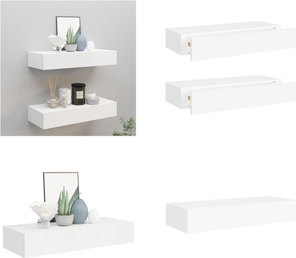 vidaXL Wandregale mit Schubladen 2 Stk. Weiß 60x23,5x10 cm MDF - Schubladenregal - Schubladenregale - Wandregal - Wandregale