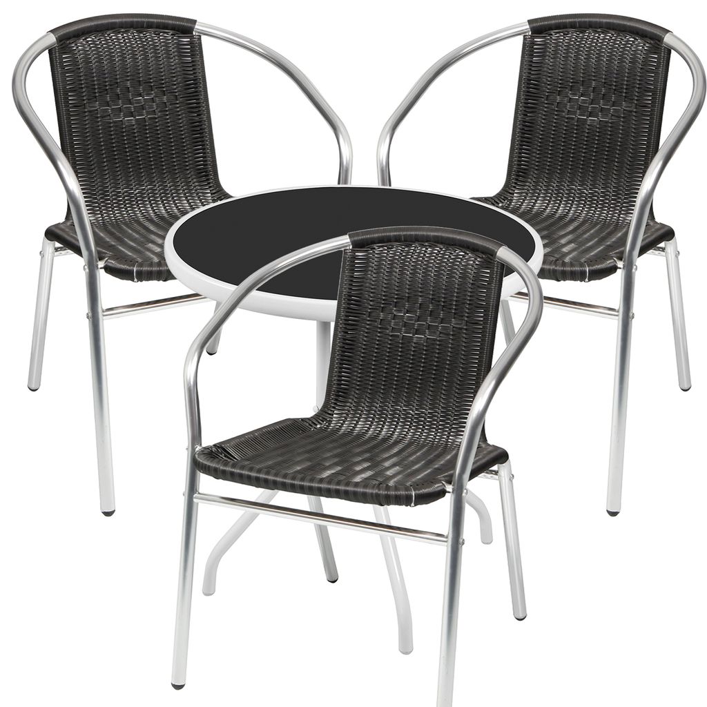 Bistrogarnitur 4-teilig Metall /Glasplatte rund weiß Rattan / Schwarz