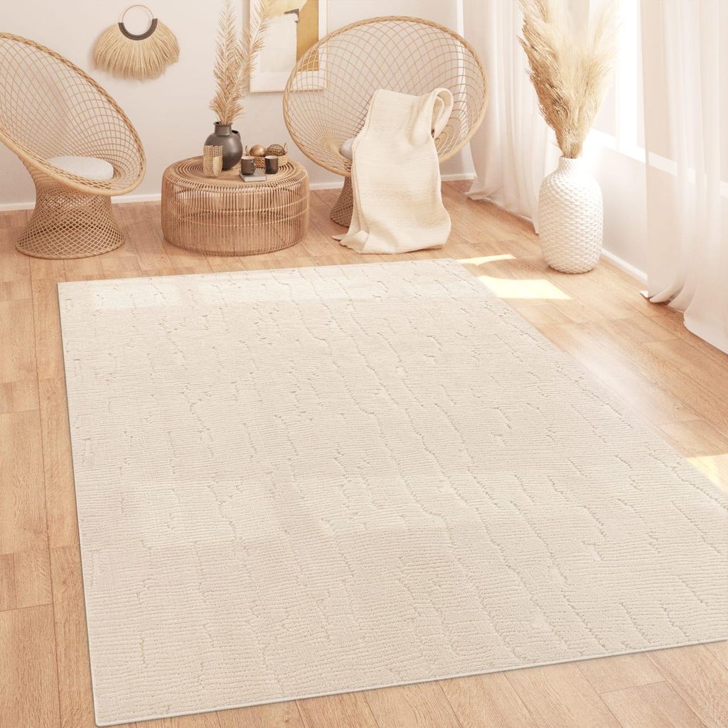 Teppich Kurzflor waschbar Struktur Wohnzimmer schmutzabweisend Creme Rechteckig 120x160 | 100% Polyester | Florhöhe: 12 mm | pflegeleicht