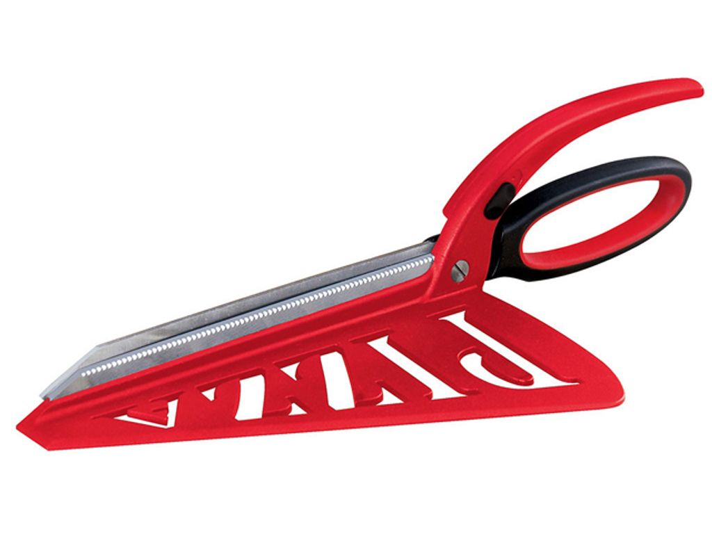 A red pizza cutter with a built-in serving surface, shown against a white background.