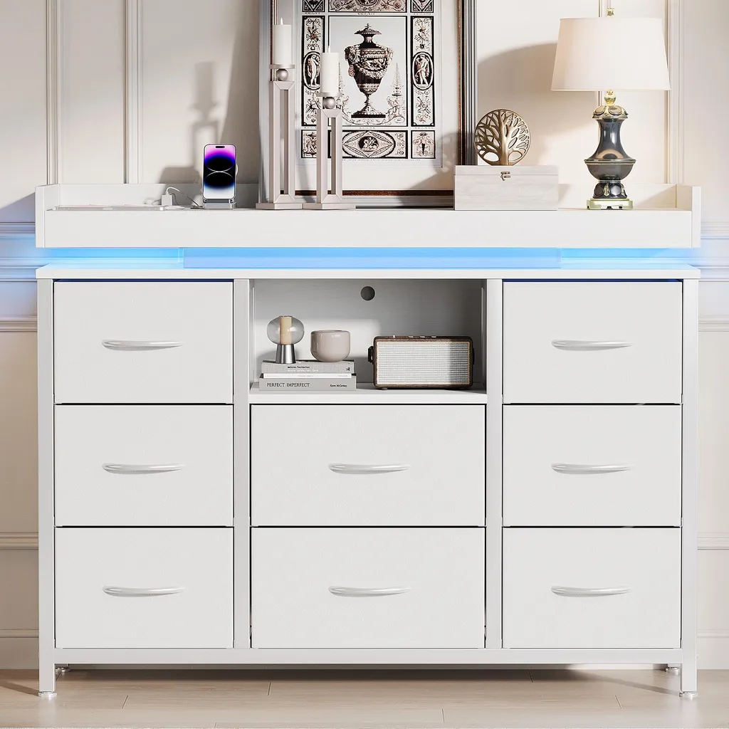 Commode LED RGB à 8 tiroirs avec prises intégrées et structure acier - 2