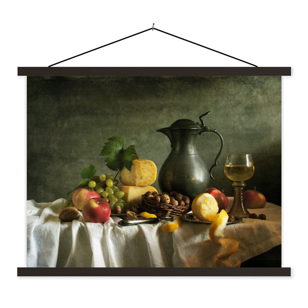 MuchoWow Textilposter Rustikal - Käse - Teekanne - Obst - Stilleben 40x30 cm mit schwarzem Rahmen - Dekorationen