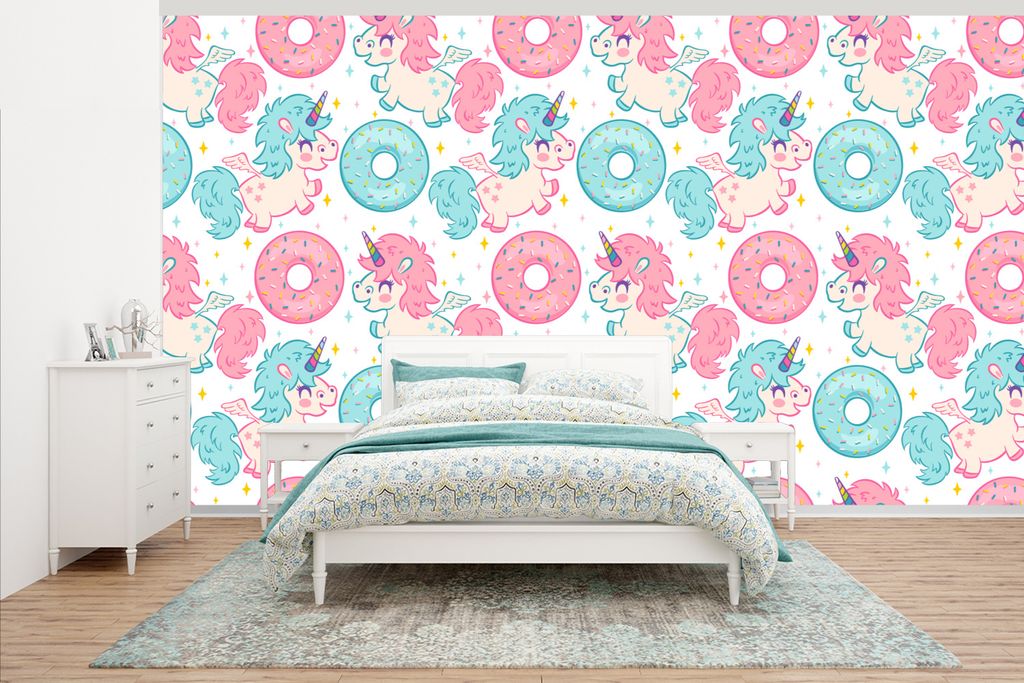 MuchoWow Fototapete für Wohnzimmer oder Schlafzimmer Wandtapete Vinyl Motivtapete Einhorn - Donut - Baby - 430x240 cm - Gemustert