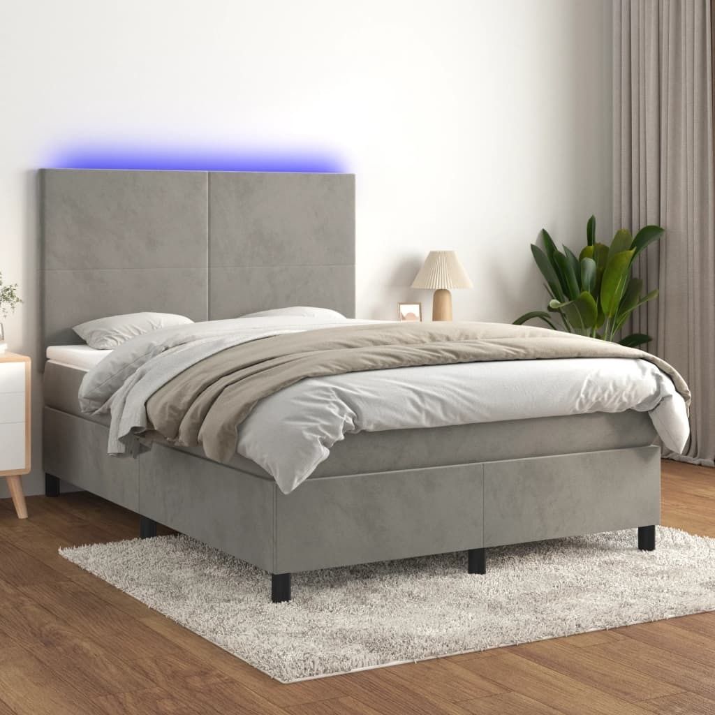 vidaXL Boxspringbett mit Matratze & LED Hellgrau 140x200 cm Samt - Boxspringbett - Boxspringbetten - Bett - Betten