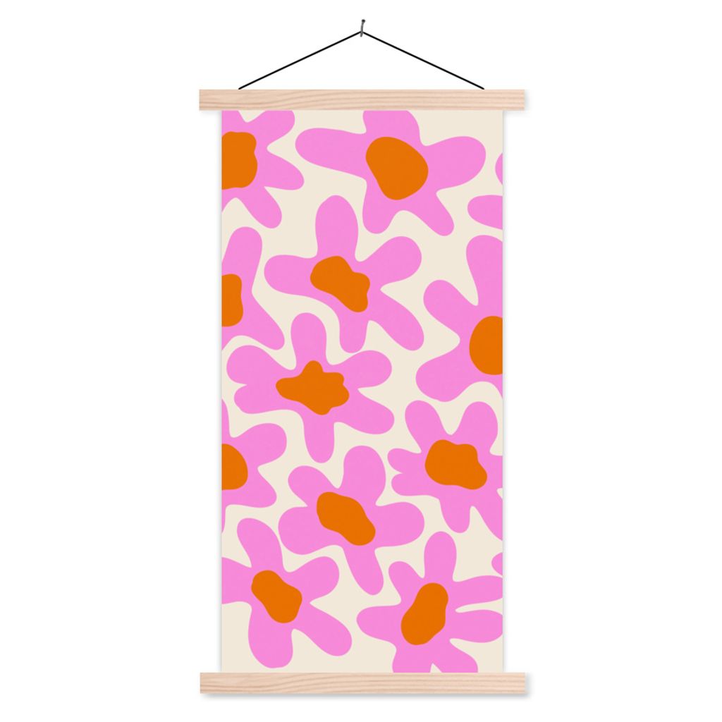 MuchoWow Textilposter Blume - Rosa - Muster 60x120 cm mit holzfarbenen Rahmen - Holz