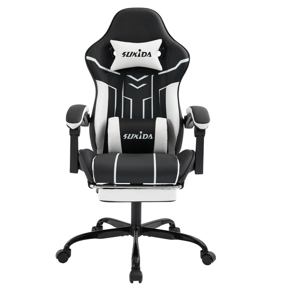 Gaming Stuhl Computerstuhl(Blackwhite)Ergonomischer Gaming Chair mit Fußstütze Bürostuhl Ergonomischer Computerstuhl mit Lendenwirbelstütze
