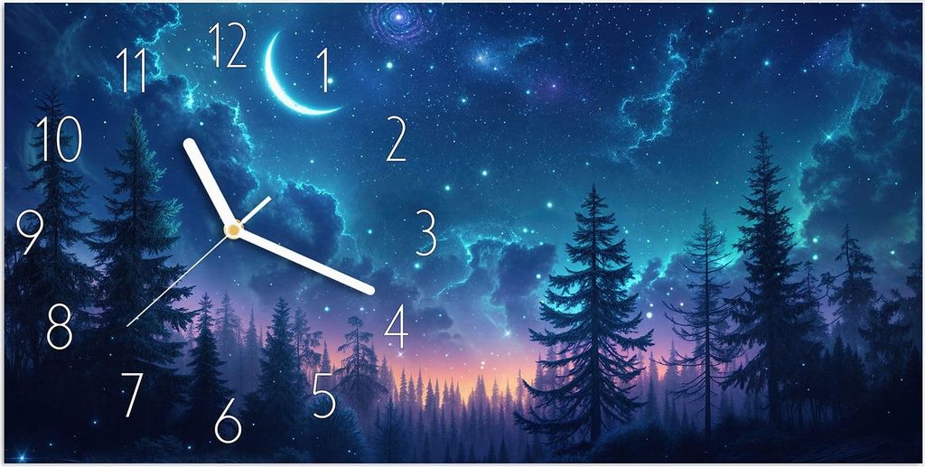 Wanduhr aus Glas mit Motiv Nachthimmel Wald- 60 x 30 cm - inkl. Aufhängesystem