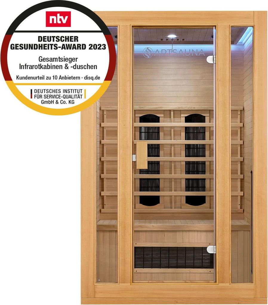 Artsauna Infrarotkabine Nyborg S120K Keramikstrahler & Hemlockholz, 2 Personen, 120 x 105 x 190 cm, LED Farblicht & Glastür, Infrarotsauna Sauna