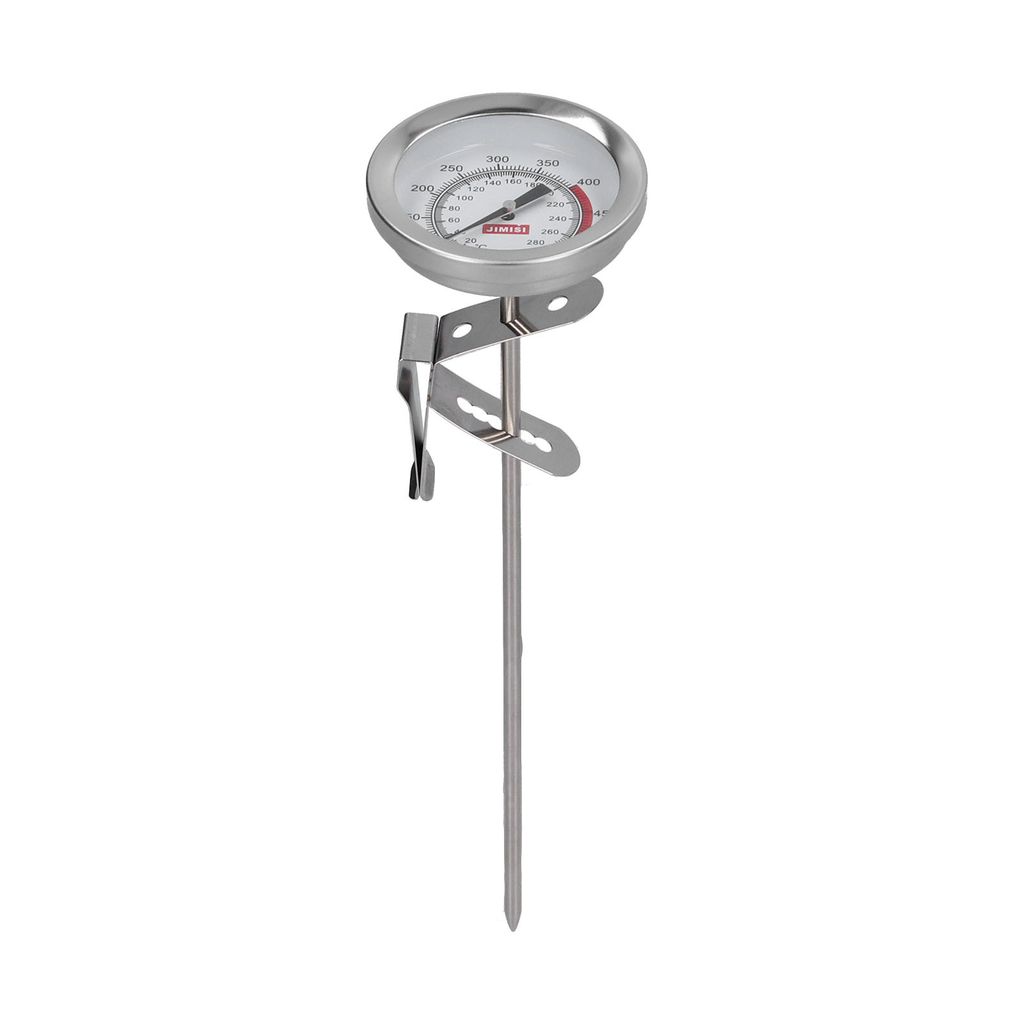 A stainless steel food thermometer with a dial and probe.
