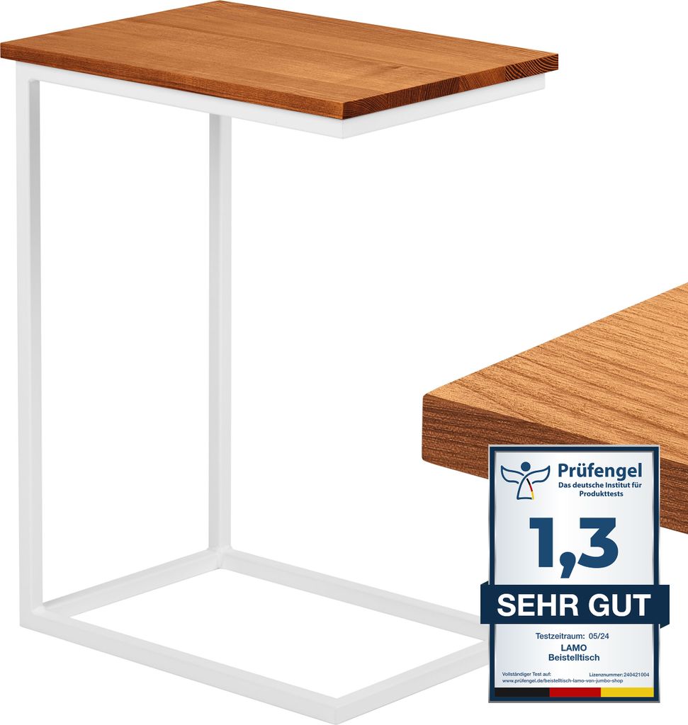 LAMO Manufaktur Beistelltisch | Laptoptisch | Sofatisch | mobiler Kaffeetisch | Nachttisch | 50x35x67 cm | Gestell Weiß | 100% Echtholz Massiv Pla...