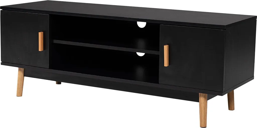 Banc TV JOEY coloris noir avec rangements ouverts pour écran plat