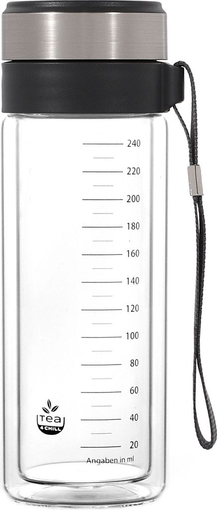 tea4chill Matchashaker / MATCHAquick / Teeflasche mit Sieb / Thermosflasche / Trinkflasche Glas 280ml, doppelwandiges Glas inklusive Reinigungsschwamm