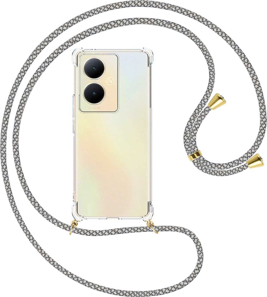 Handykette Backcover-Schutzhülle mit Band (Metall goldfarben) für vivo Y78 5G, Y78 Plus 5G, V29 Lite 5G - weiß/grau kariert