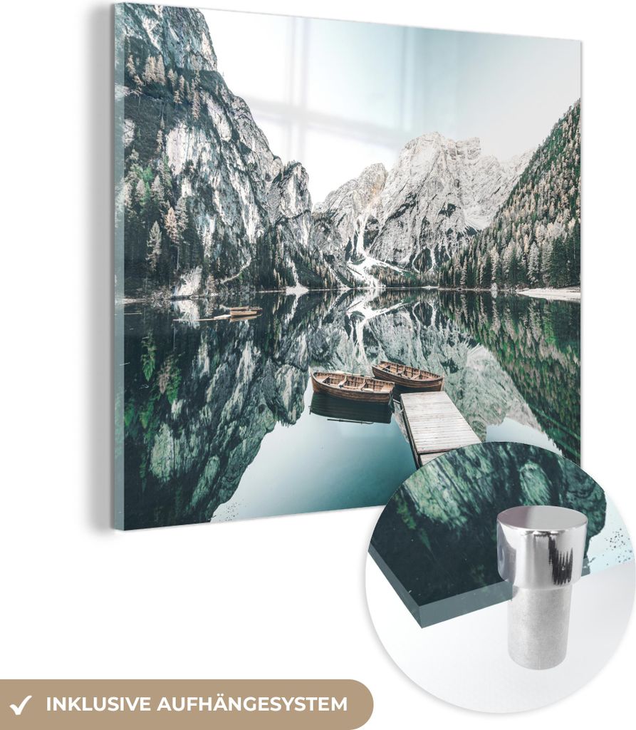 MuchoWow Glasbilder - Bilder auf Wandbild - Foto auf Glas Landschaft - Boot - Winter - Berge 50x50 cm Wanddekoration aus Glas - Acrylglasbild - Acr...